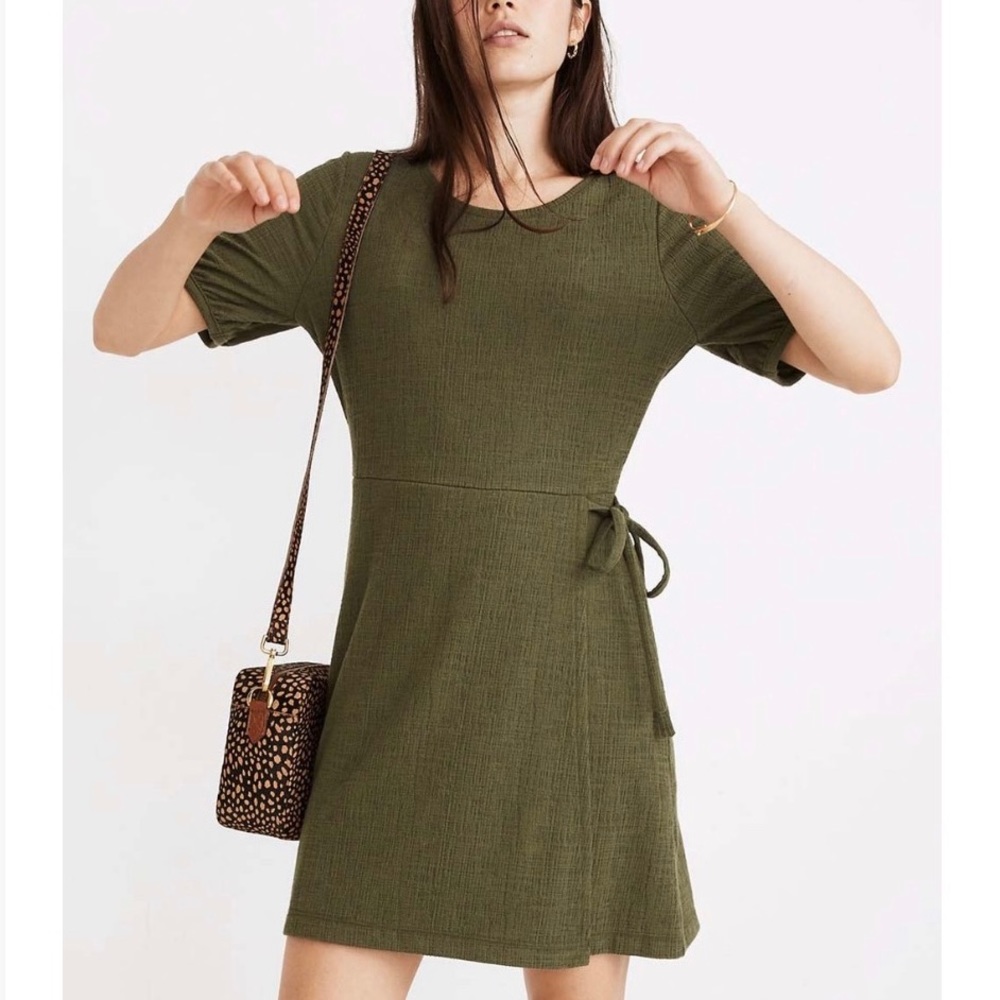 Madewell Palm Tree Crosshatch Puff Sleeve Faux Wrap Dress SZ L NWT